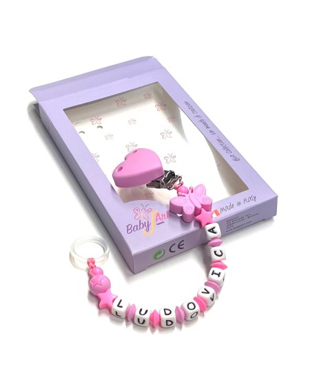 Babyjart Silikonschnullerkette mit Name, Haken / Adapter Schnuller MAM und CHICCO
