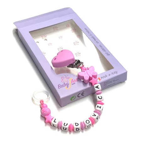 Babyjart Silikonschnullerkette mit Name, Haken / Adapter Schnuller MAM und CHICCO