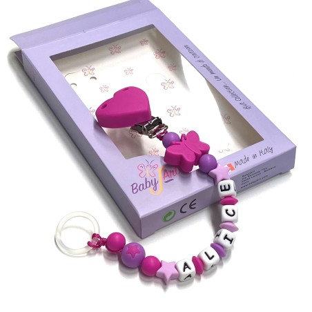Babyjart Catenella portaciuccio silicone con nome, gancio/adattatore ciuccio MAM e CHICCO