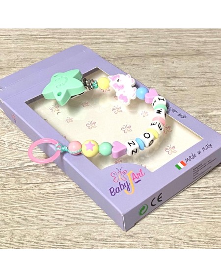 Babyjart Catenella portaciuccio silicone con nome, gancio/adattatore ciuccio MAM e CHICCO