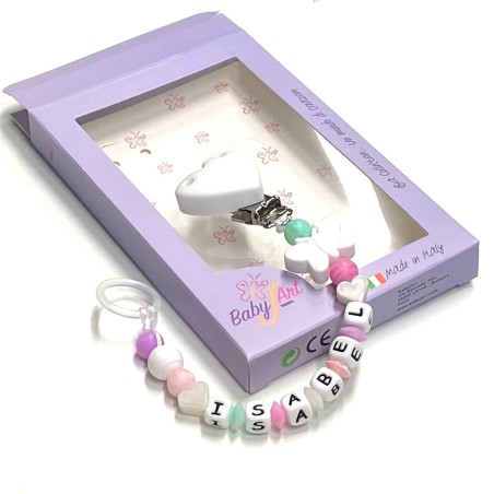 Babyjart Silikonschnullerkette mit Name, Haken / Adapter Schnuller MAM und CHICCO