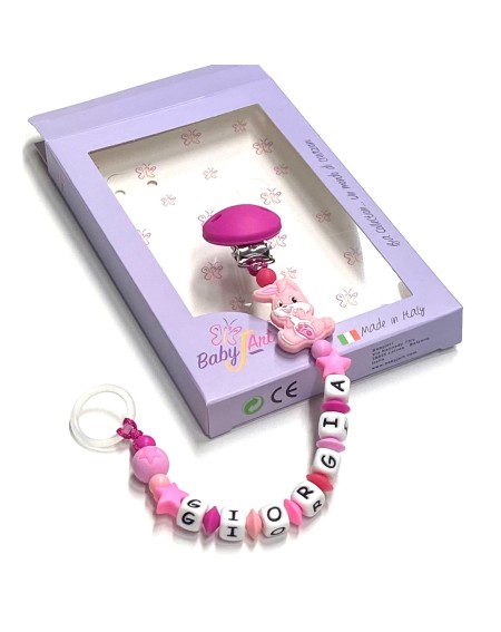 Babyjart Chaîne de tétine en silicone avec nom, crochet / adaptateur de tétine MAM et CHICCO