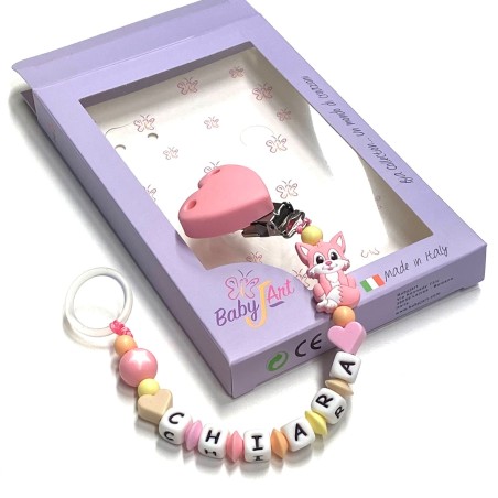 Babyjart Cadeia de chupeta de silicone com nome, adaptador / gancho de chupeta MAM e modelo CHICCO