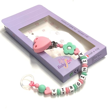 Babyjart Silikonschnullerkette mit Name, Haken / Adapter Schnuller MAM und CHICCO