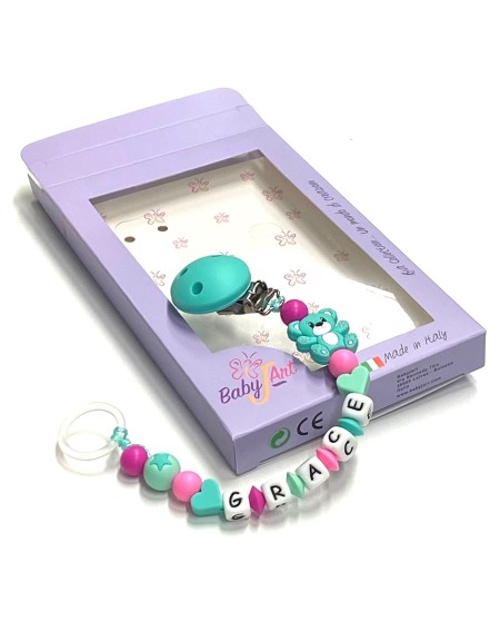 Babyjart Cadena de silicona para chupete con nombre, gancho / adaptador para chupete mam y modelo de chicco