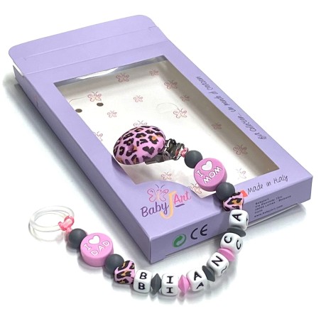 Babyjart Cadeia de chupeta de silicone com nome, adaptador / gancho de chupeta MAM e modelo CHICCO