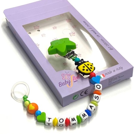 Babyjart Cadeia de chupeta de silicone com nome, adaptador / gancho de chupeta MAM e modelo CHICCO