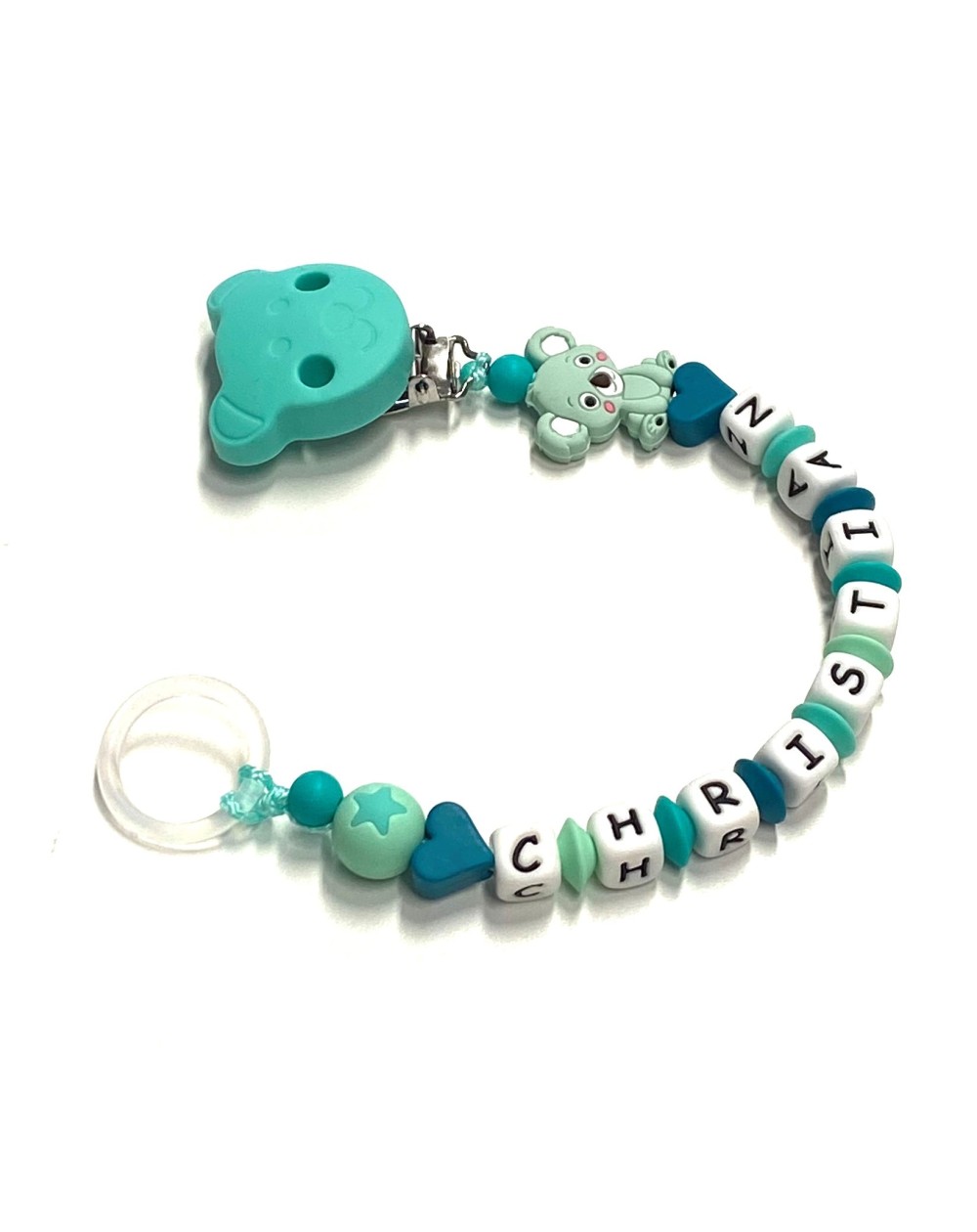 Babyjart Silikonschnullerkette mit Name, Haken / Adapter Schnuller MAM und CHICCO