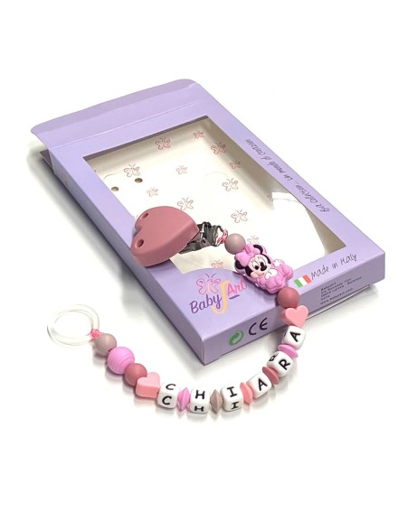 Babyjart Cadeia de chupeta de silicone com nome, adaptador / gancho de chupeta MAM e modelo CHICCO