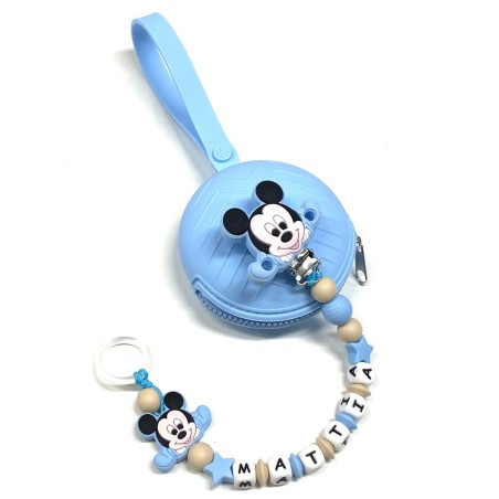 Babyjart silicone dummy chain PRESTIGE MICKEY MOUSE with name, hook/adapter pacifier MAM and CHICCO