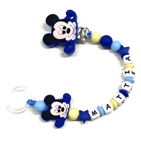 Babyjart Cadeia de chupeta PRESTIGE MICKEY MOUSE de silicone com nome, adaptador/gancho de chupeta MAM e modelo CHICCO