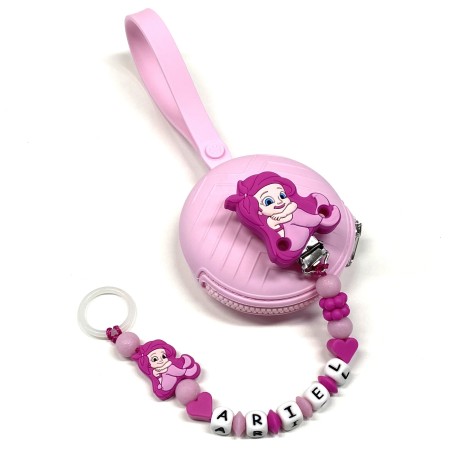 Babyjart Chaîne de tétine PRESTIGE ARIEL LA PETITE SIRèNE en silicone avec nom, crochet/adaptateur de tétine MAM et CHICCO