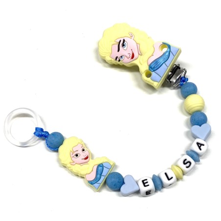 copy of Babyjart silicone dummy chain PRESTIGE ELSA FROZEN with name, hook/adapter pacifier MAM and CHICCO