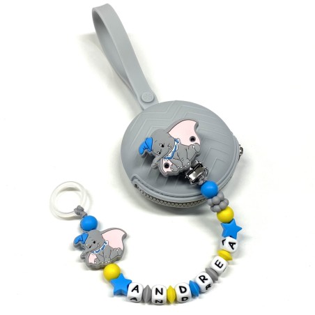 Babyjart Chaîne de tétine PRESTIGE DUMBO en silicone avec nom, crochet/adaptateur de tétine MAM et CHICCO