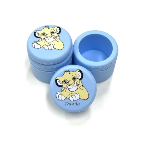 PERSONALIZZA Barattolo Denti da Latte SILICONE RE LEONE AZZURRO PASTELLO