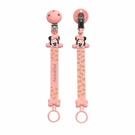 Silicone dummy chain silicone FLAT MINNIE MOUSE with name, hook / adapter pacifier MAM and CHICCO