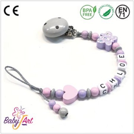 Babyjart wooden dummy chain with name, hook / adapter pacifier mam